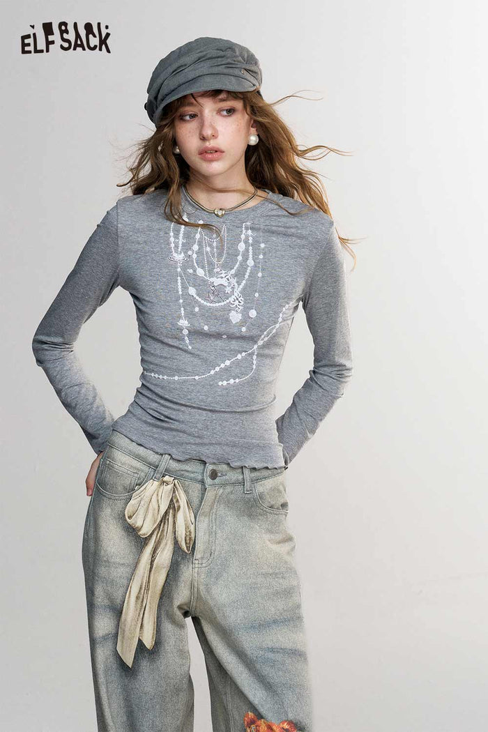 Gray Long Sleeve Layered Pearl Necklace Print T-Shirt