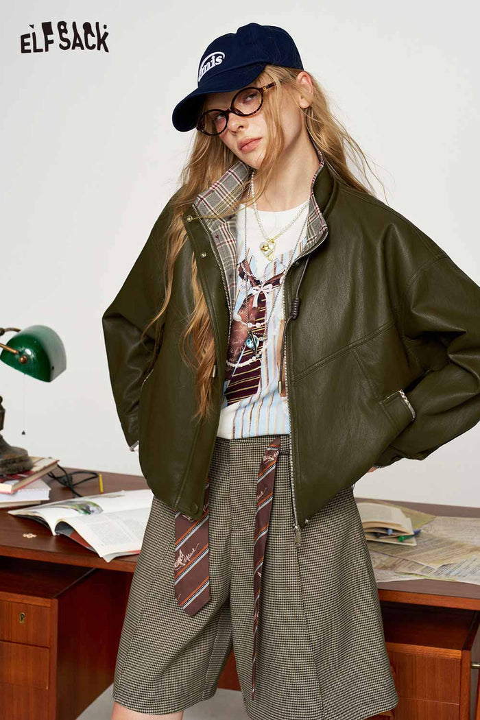Green Striped Collar Cropped Zip Jacket