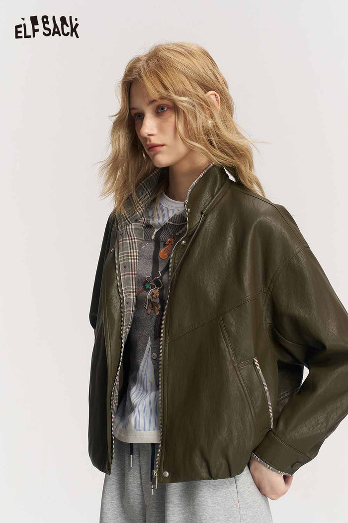 Green Striped Collar Cropped Zip Jacket