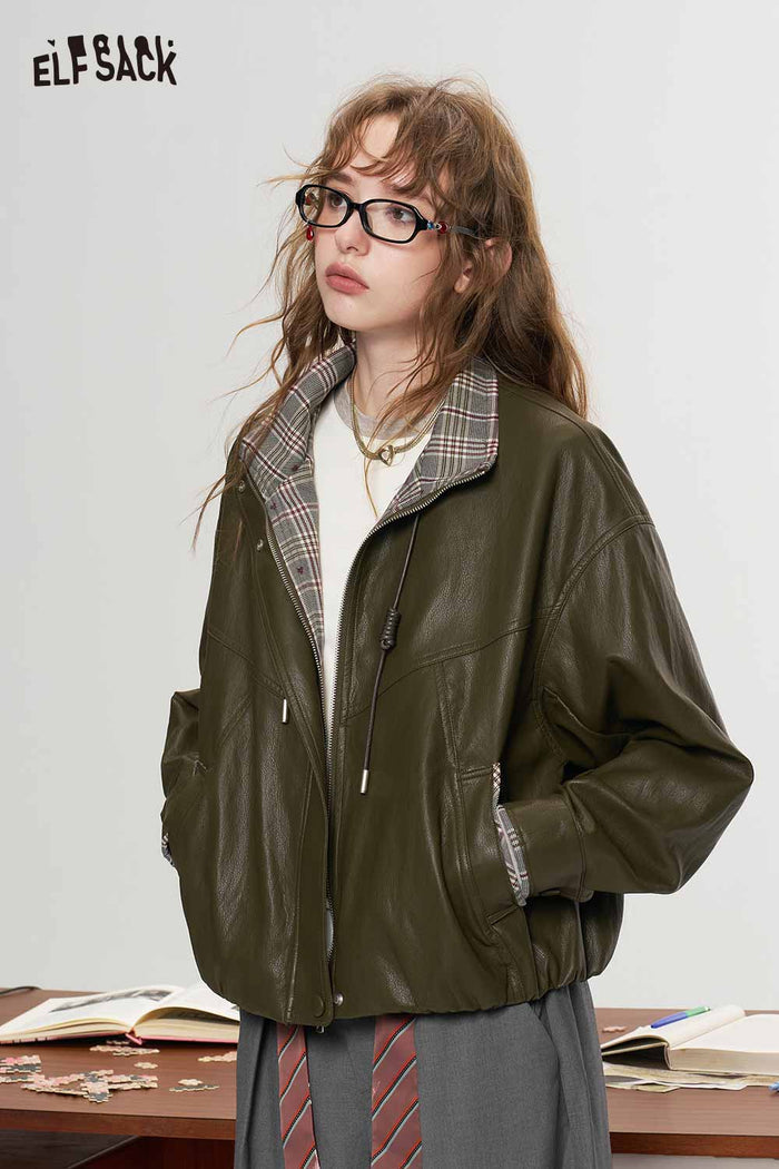 Green Striped Collar Cropped Zip Jacket