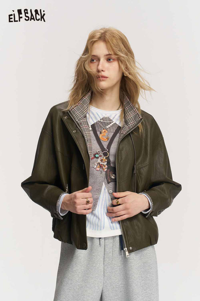 Green Striped Collar Cropped Zip Jacket