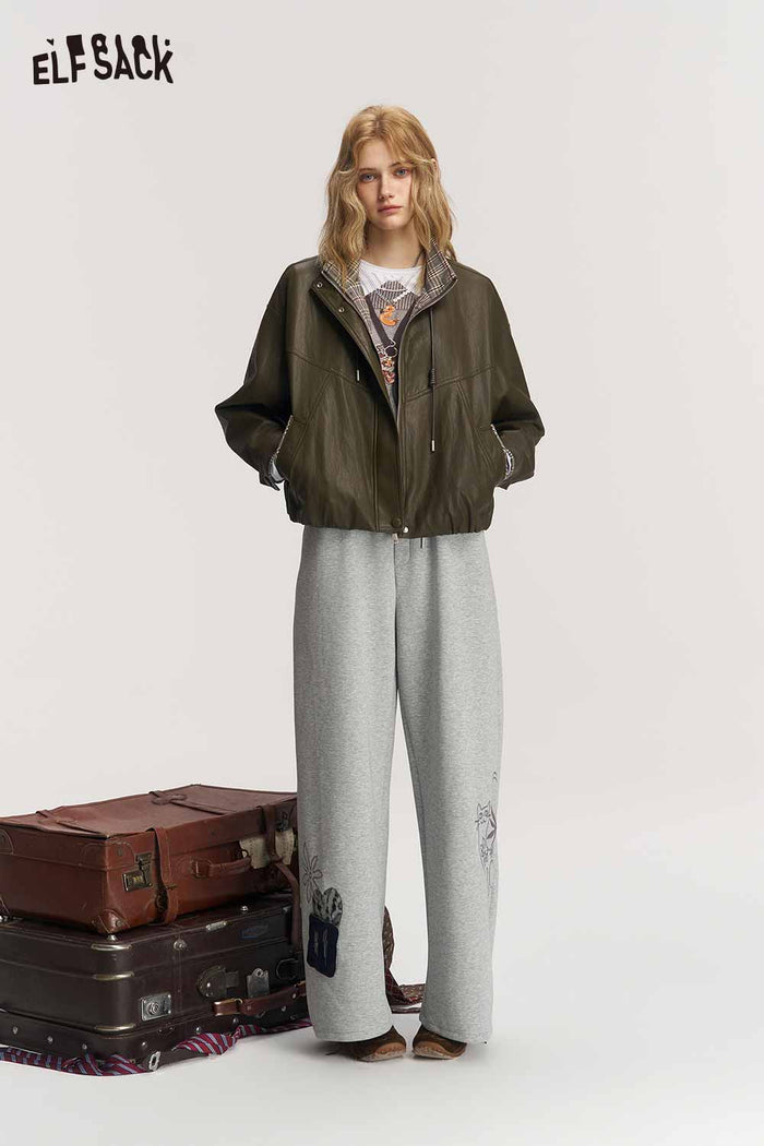Green Striped Collar Cropped Zip Jacket