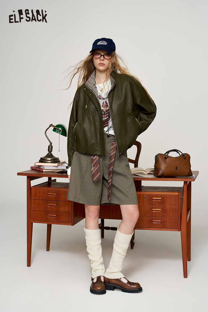 Green Striped Collar Cropped Zip Jacket