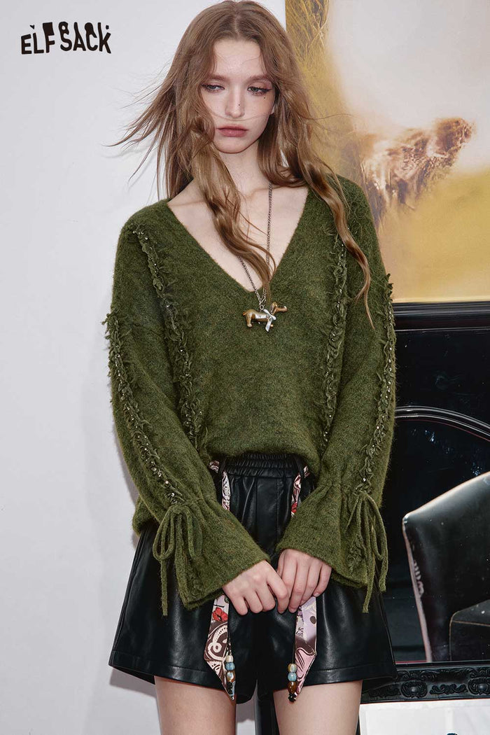 Green V-Neck Tie Cuff Loose Sweater