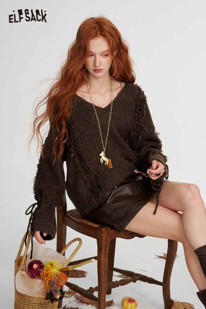 Green V-Neck Tie Cuff Loose Sweater