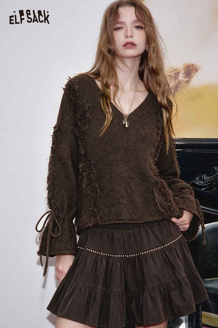 Green V-Neck Tie Cuff Loose Sweater