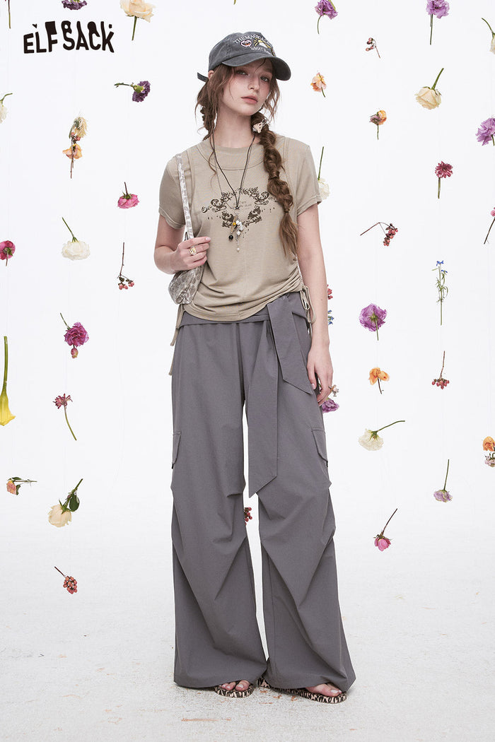 ELFSACK Grey Casual Lace-Up Cargo Pants