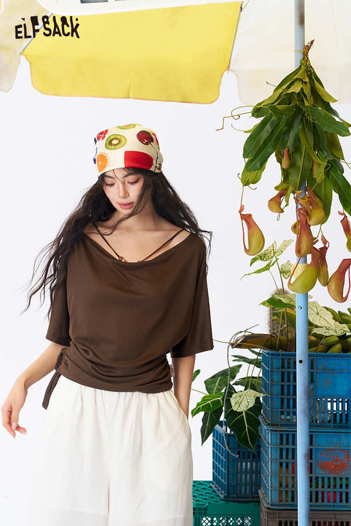 ELFSACK Halter Back Ruched Tie Crop Top