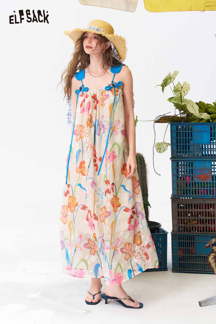 ELFSACK Hand Drawn Floral Tie Strap Slip Dress
