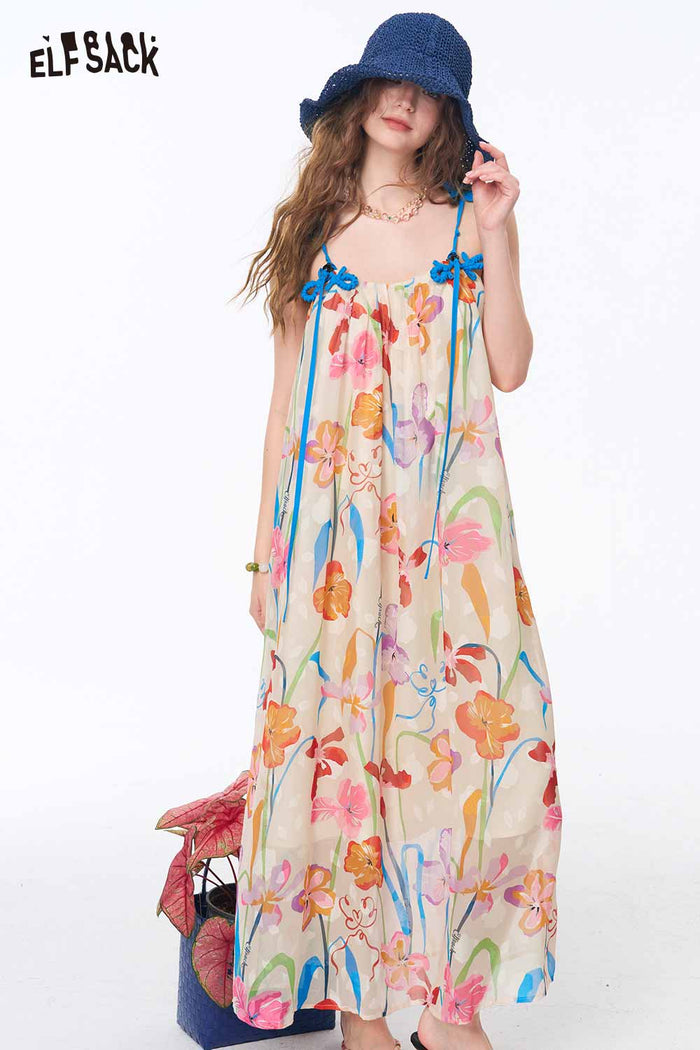 ELFSACK Hand Drawn Floral Tie Strap Slip Dress