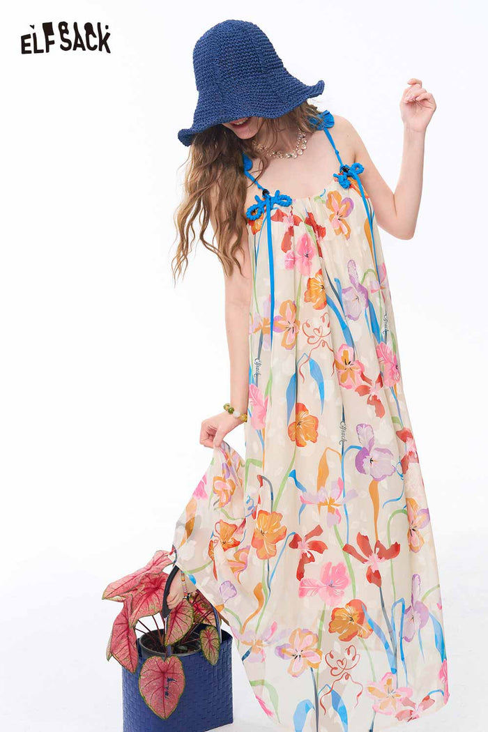ELFSACK Hand Drawn Floral Tie Strap Slip Dress
