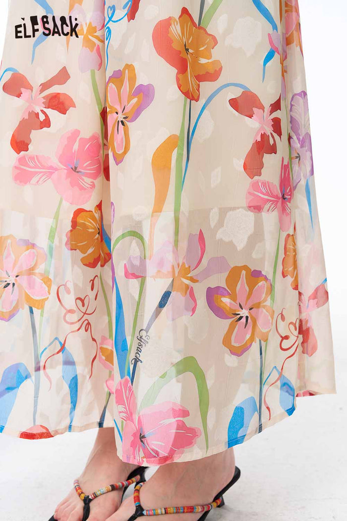 ELFSACK Hand Drawn Floral Tie Strap Slip Dress