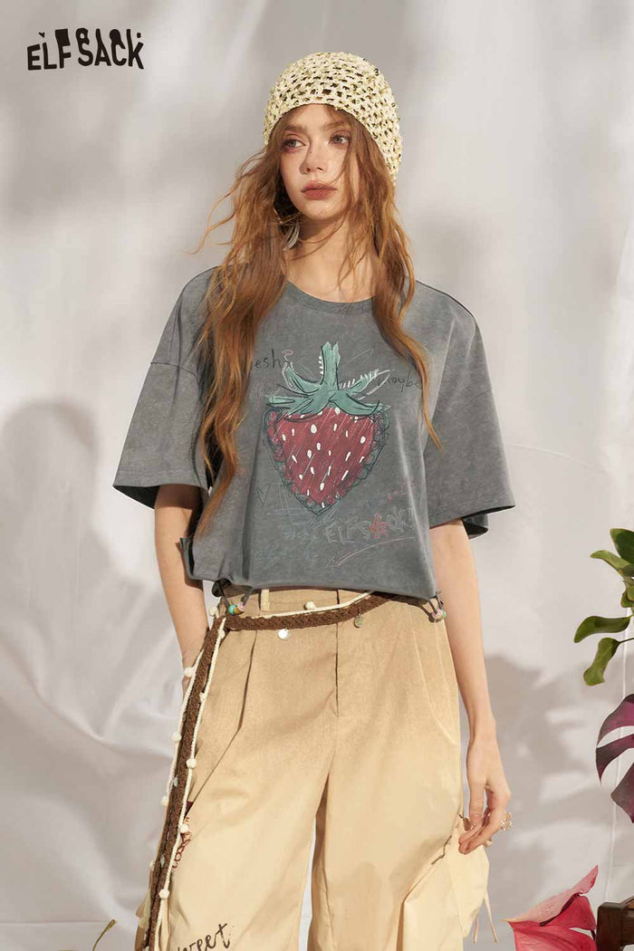 ELFSACK Hand Drawn Strawberry Raw Hem Tee
