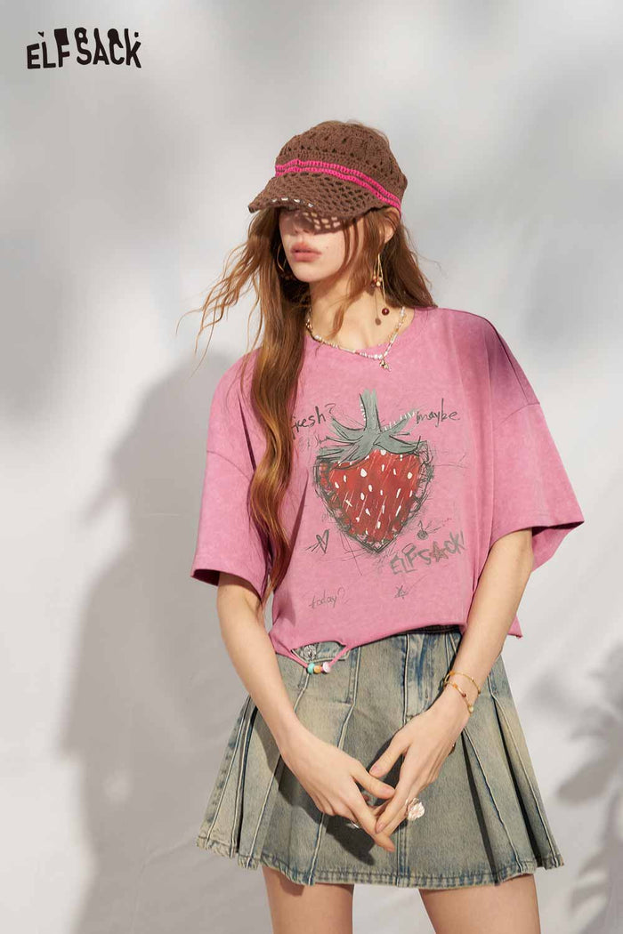 ELFSACK Hand Drawn Strawberry Raw Hem Tee