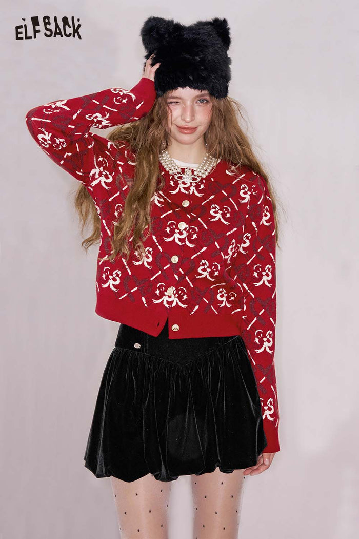 ELFSACK Heart Bow Print Single Breasted Silver Button Round Neck Cardigan