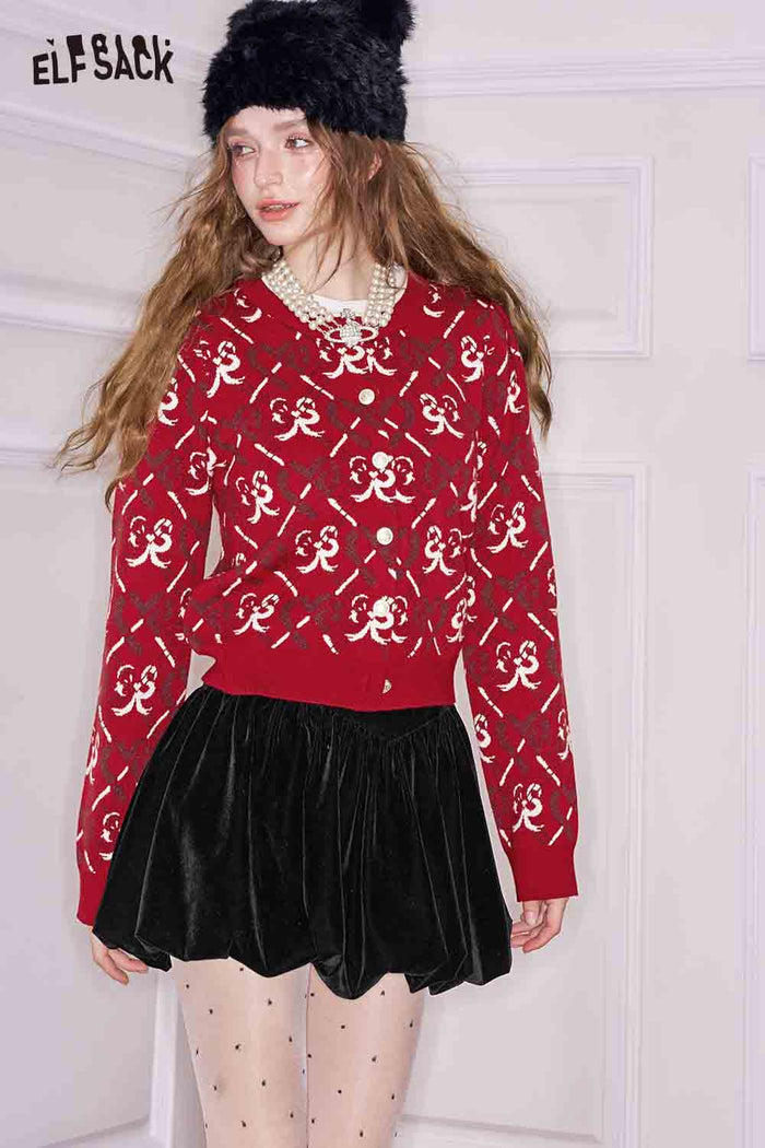 ELFSACK Heart Bow Print Single Breasted Silver Button Round Neck Cardigan