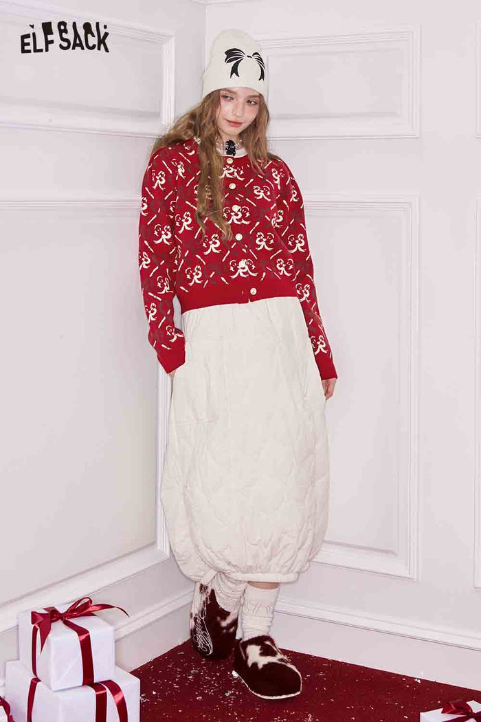 ELFSACK Heart Bow Print Single Breasted Silver Button Round Neck Cardigan