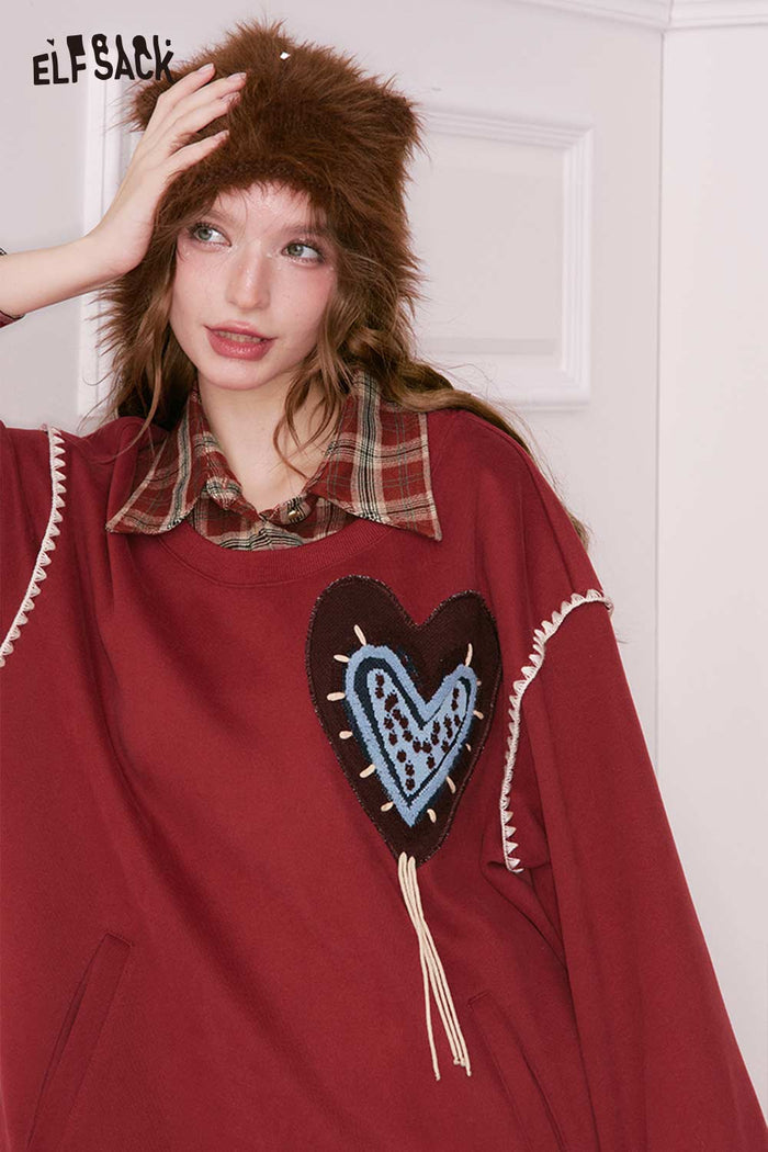 ELFSACK Heart Embroidery Fake Two Piece Stripe Red Plaid Jumpsuit