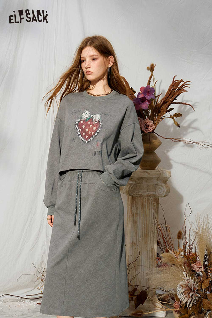 Heart Polka Dot Bow Print Crop Sweatshirt Midi Skirt Set