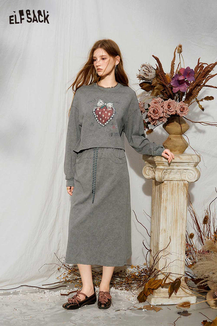 Heart Polka Dot Bow Print Crop Sweatshirt Midi Skirt Set