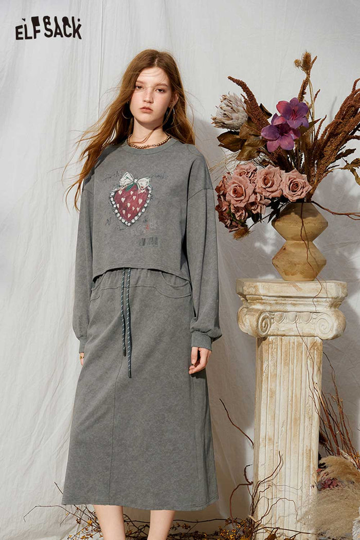 Heart Polka Dot Bow Print Crop Sweatshirt Midi Skirt Set
