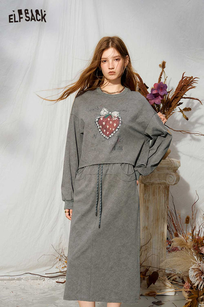 Heart Polka Dot Bow Print Crop Sweatshirt Midi Skirt Set