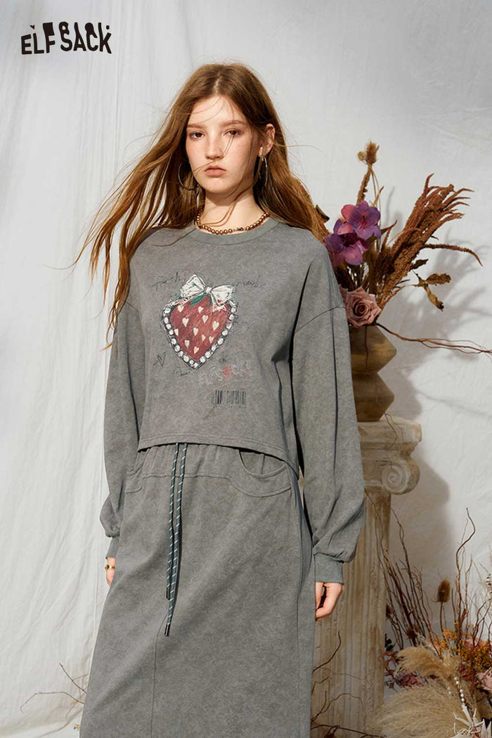 Heart Polka Dot Bow Print Crop Sweatshirt Midi Skirt Set