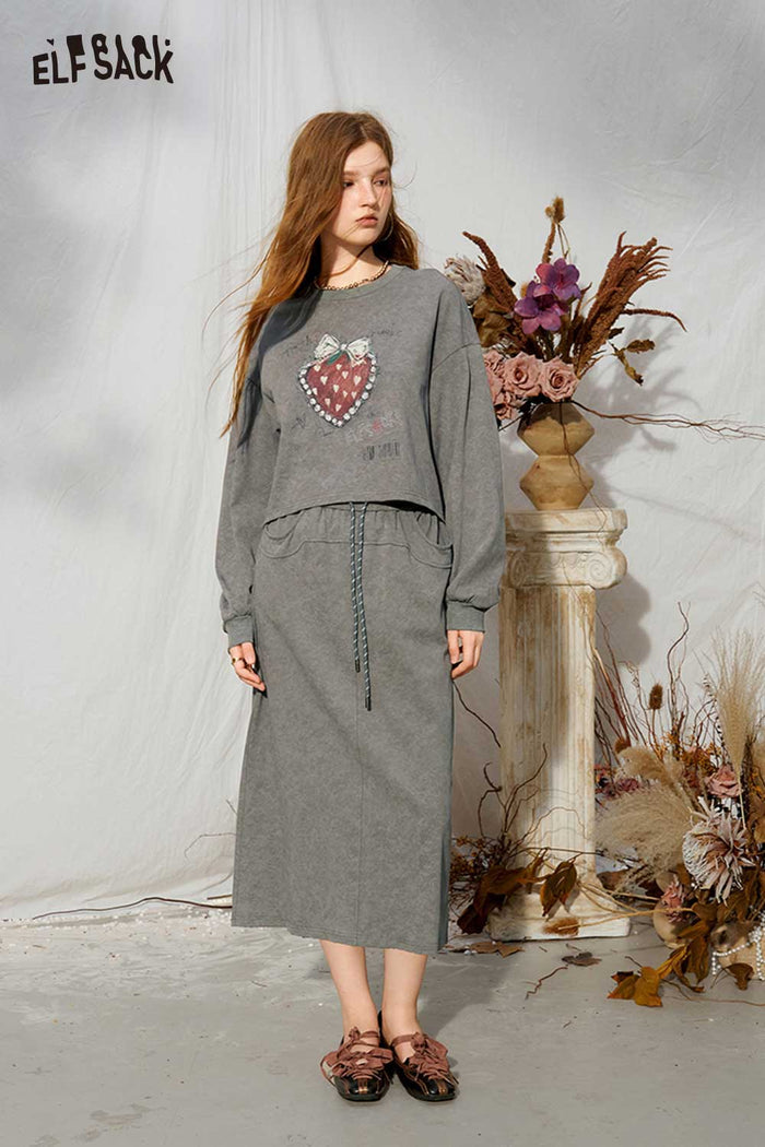 Heart Polka Dot Bow Print Crop Sweatshirt Midi Skirt Set