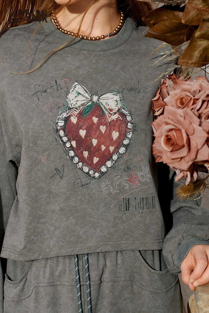 Heart Polka Dot Bow Print Crop Sweatshirt Midi Skirt Set