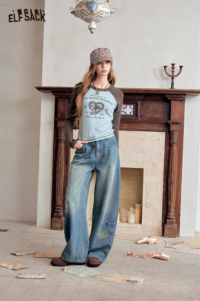 Heart Print Loose Fit Wide Leg Jeans