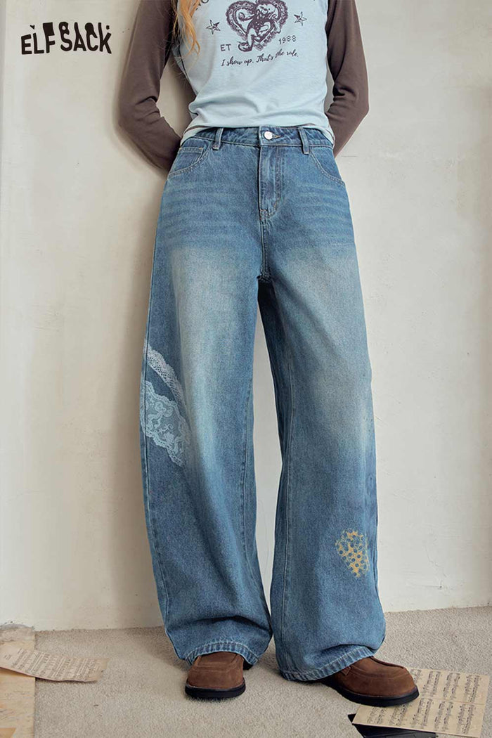 Heart Print Loose Fit Wide Leg Jeans