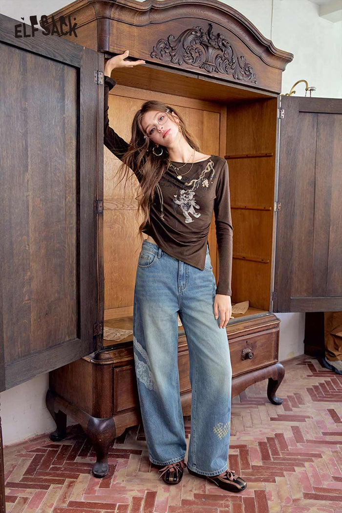 Heart Print Loose Fit Wide Leg Jeans