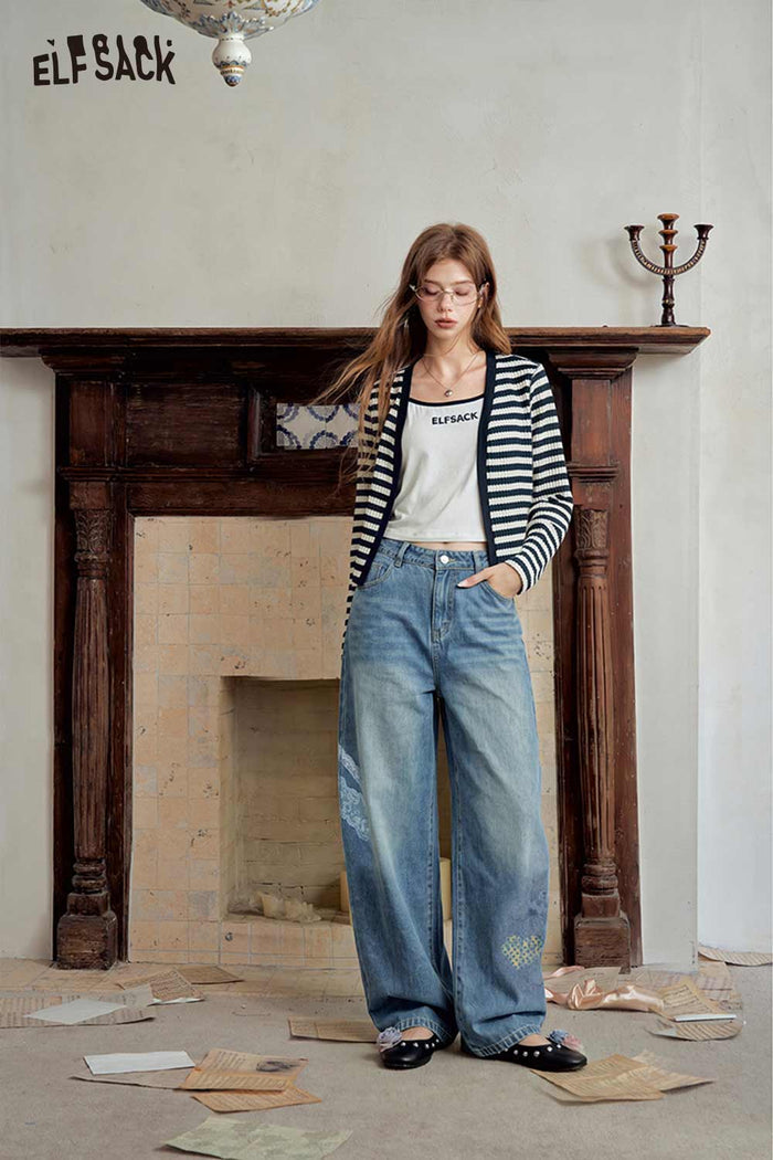 Heart Print Loose Fit Wide Leg Jeans