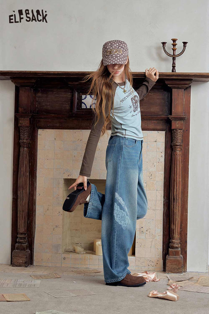 Heart Print Loose Fit Wide Leg Jeans