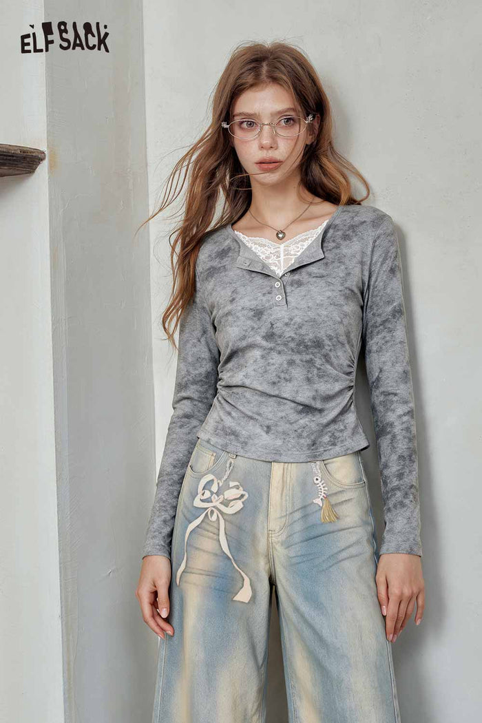 Heather Lace Long Sleeve Henley Tee