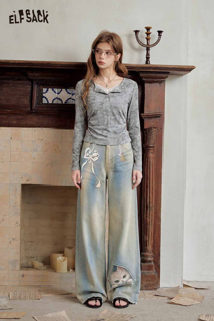 Heather Lace Long Sleeve Henley Tee