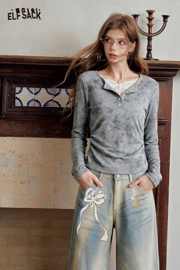 Heather Lace Long Sleeve Henley Tee