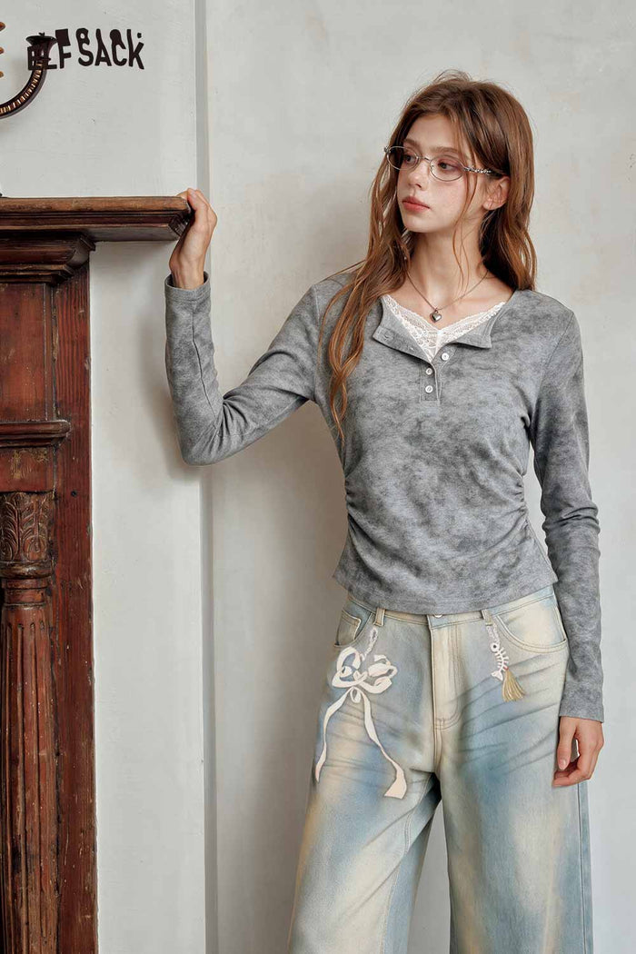 Heather Lace Long Sleeve Henley Tee