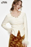 ELFSACK Heavy Beaded V Neck Pleated Knit Slim Fit Base Layer