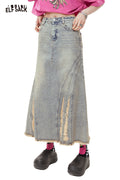 ELFSACK High Waist A Line Raw Hem Denim Long Skirt