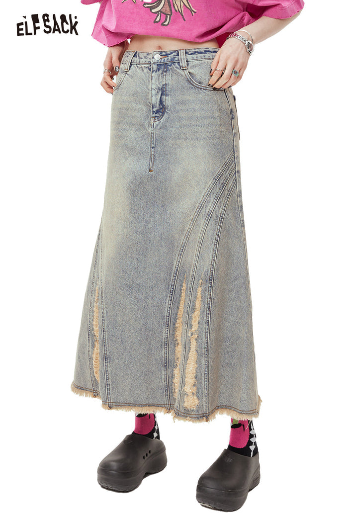 ELFSACK High Waist A Line Raw Hem Denim Long Skirt