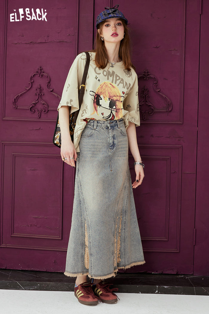 ELFSACK High Waist A Line Raw Hem Denim Long Skirt