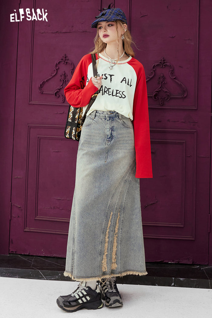 ELFSACK High Waist A Line Raw Hem Denim Long Skirt