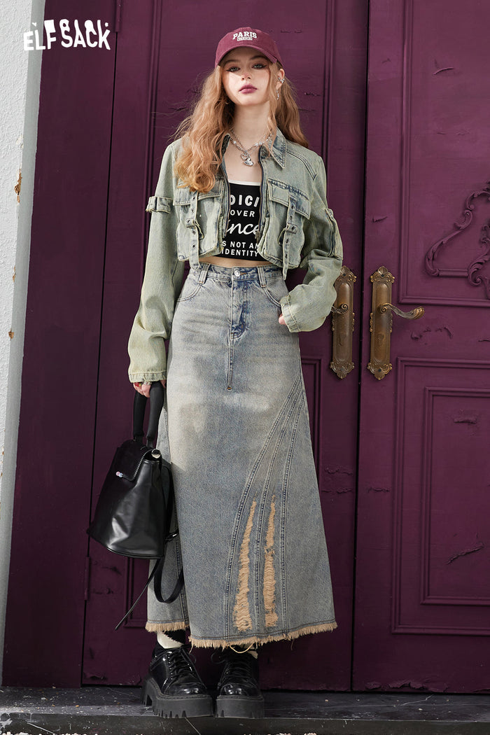 ELFSACK High Waist A Line Raw Hem Denim Long Skirt