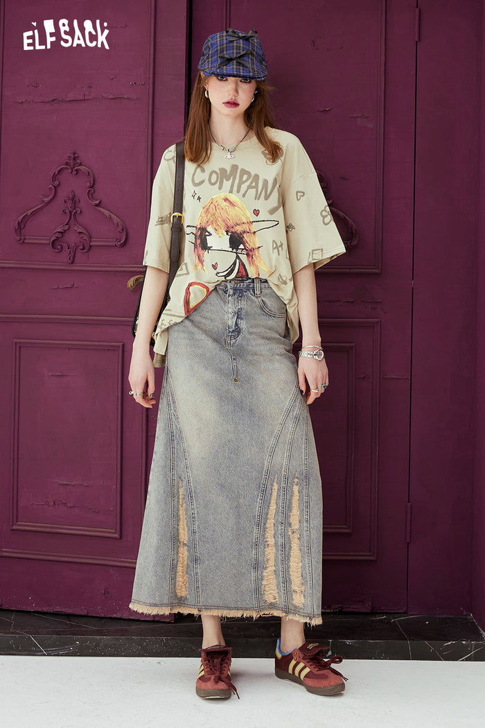 ELFSACK High Waist A Line Raw Hem Denim Long Skirt