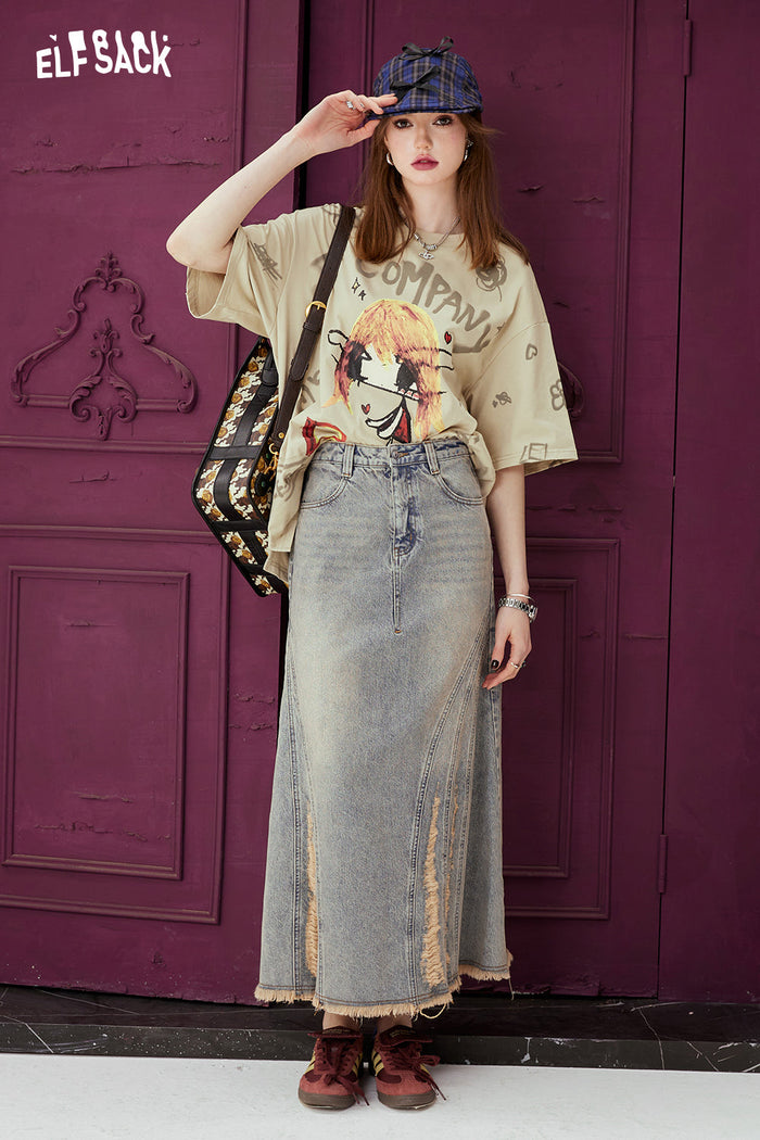 ELFSACK High Waist A Line Raw Hem Denim Long Skirt