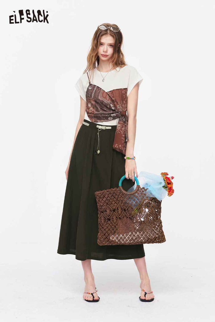 ELFSACK High Waist Belted A-Line Maxi Skirt