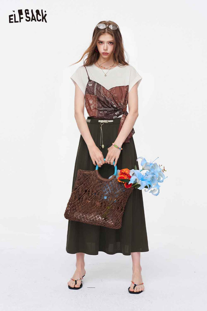 ELFSACK High Waist Belted A-Line Maxi Skirt