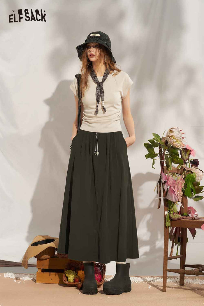 ELFSACK High Waist Belted A-Line Maxi Skirt