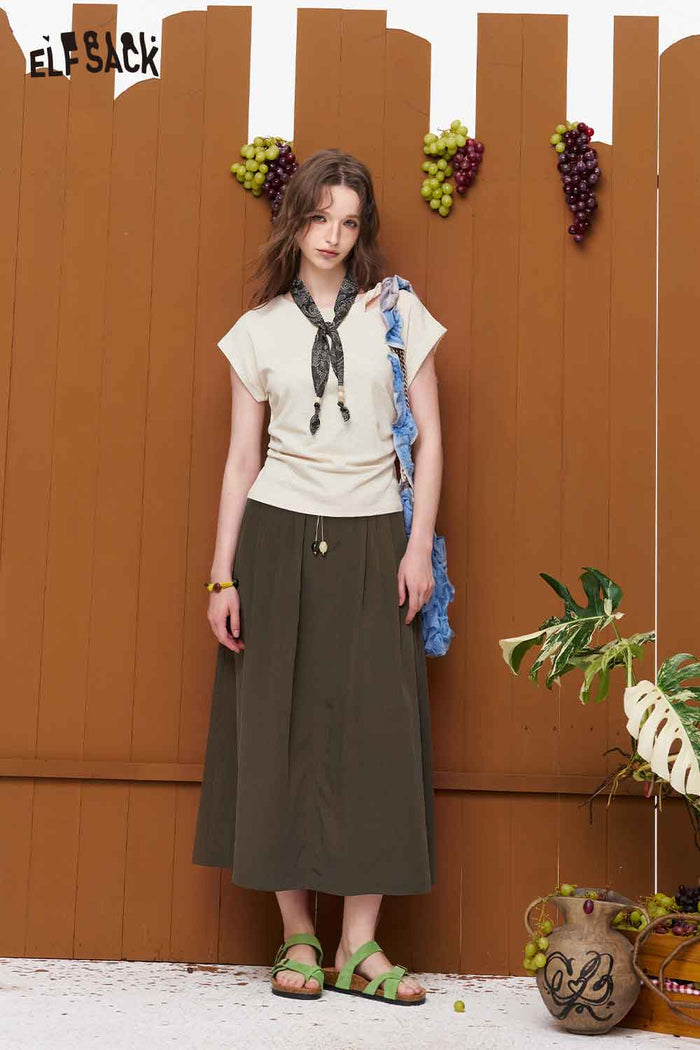ELFSACK High Waist Belted A-Line Maxi Skirt